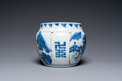 Een Chinese blauw-witte 'kylin' kom met later houten deksel, Transitie periode