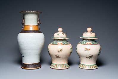 Five Chinese blue, white and famille verte vases, 19/20th C.