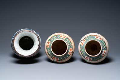 Five Chinese blue, white and famille verte vases, 19/20th C.