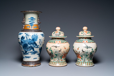 Five Chinese blue, white and famille verte vases, 19/20th C.