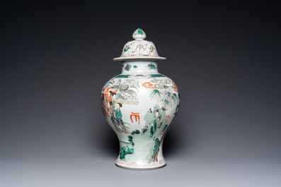 A Chinese famille verte 'Xi Xiang Ji' vase and cover, Kangxi
