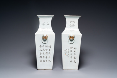 A pair of Chinese famille rose square vases, 19/20th C.