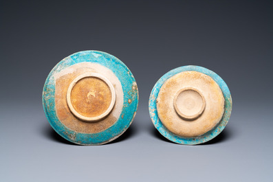 Two turquoise- and black-glazed dishes, three bowls, a jug and a small lion, Raqqa and Nishapur, Middle-East, 12/13th C. and later