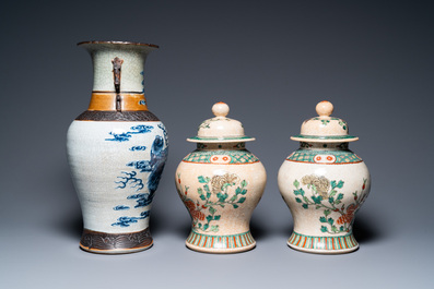Five Chinese blue, white and famille verte vases, 19/20th C.