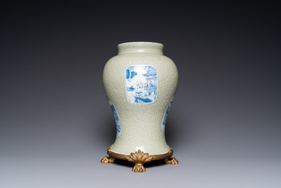 Een Chinese celadon 'lotusslingers' vaas met blauw-witte en koperrode panelen, Kangxi