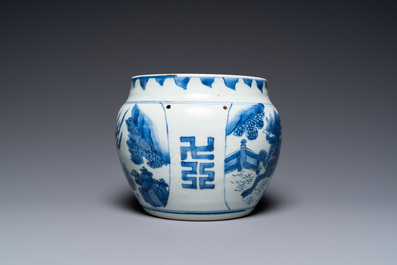 Een Chinese blauw-witte 'kylin' kom met later houten deksel, Transitie periode
