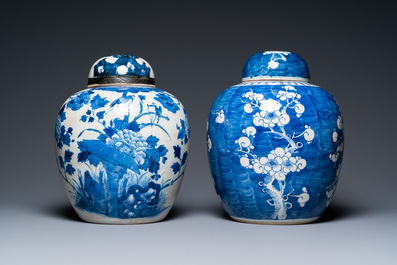 Five Chinese blue, white and famille verte vases, 19/20th C.