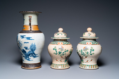 Five Chinese blue, white and famille verte vases, 19/20th C.