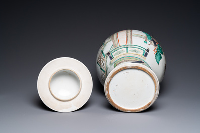A Chinese famille verte 'Xi Xiang Ji' vase and cover, Kangxi