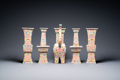 A Chinese famille rose five-piece altar garniture, Republic