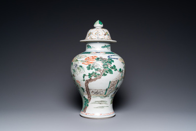A Chinese famille verte 'Xi Xiang Ji' vase and cover, Kangxi