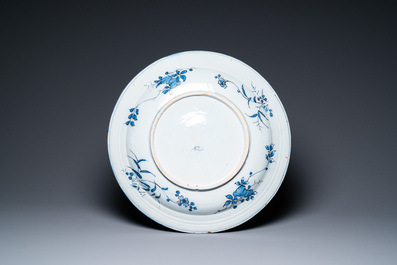 A finely painted and thin-walled large Dutch Delft blue and white chinoiserie dish, late 17th C.