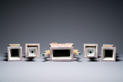 A Chinese famille rose five-piece altar garniture, Republic