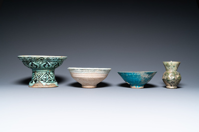 Two turquoise- and black-glazed dishes, three bowls, a jug and a small lion, Raqqa and Nishapur, Middle-East, 12/13th C. and later
