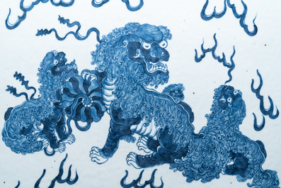 A large Chinese blue and white 'Buddhist lions' plaque, 19th C.