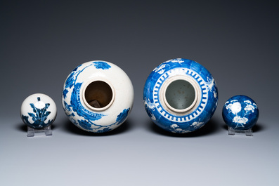 Five Chinese blue, white and famille verte vases, 19/20th C.