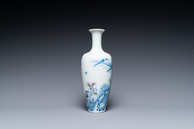 A Chinese blue, white and copper-red 'magpie and prunus' vase, Kangxi mark, 19/20th C.