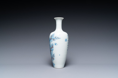 A Chinese blue, white and copper-red 'magpie and prunus' vase, Kangxi mark, 19/20th C.