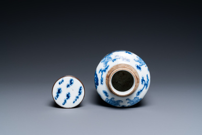A Chinese blue and white 'Buddhist lions' tea caddy and cover, Jin Tang Fu Ji mark, Guangxu