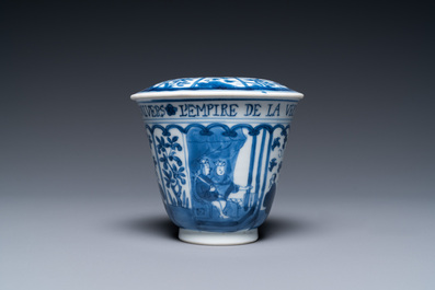 A Chinese blue and white covered cup and saucer for the French market, Kangxi