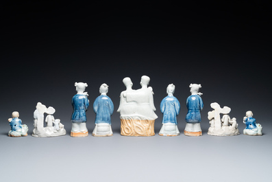 Nine Chinese blue and white and celadon-glazed groups and figures, Qianlong