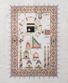 Empire ottoman: 'Vues sur la Mosqu&eacute;e al-Har&acirc;m et la Mosqu&eacute;e du Proph&egrave;te', encre et gouache rehauss&eacute;e d'or sur papier, 19/20&egrave;me
