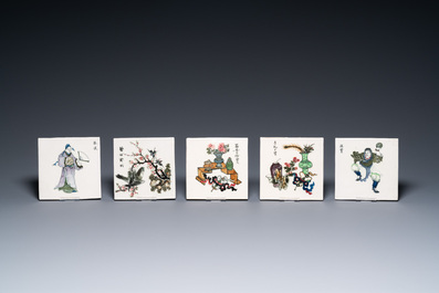 Fifteen Chinese polychrome porcelain tiles, seal mark, Republic