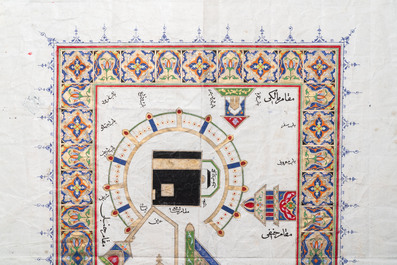 Empire ottoman: 'Vues sur la Mosqu&eacute;e al-Har&acirc;m et la Mosqu&eacute;e du Proph&egrave;te', encre et gouache rehauss&eacute;e d'or sur papier, 19/20&egrave;me