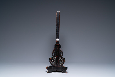 A Chinese rectangular famille rose 'landscape' plaque mounted in a wooden table screen, 19/20th C.