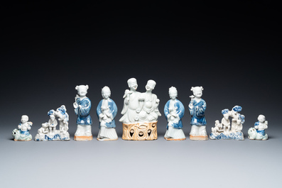 Nine Chinese blue and white and celadon-glazed groups and figures, Qianlong