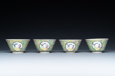 Four Chinese famille rose green-ground cups and saucers, 18/19th C.