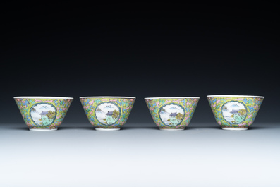 Four Chinese famille rose green-ground cups and saucers, 18/19th C.
