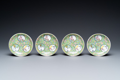 Four Chinese famille rose green-ground cups and saucers, 18/19th C.