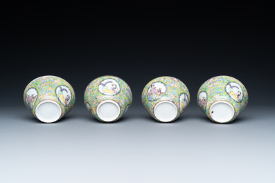 Four Chinese famille rose green-ground cups and saucers, 18/19th C.