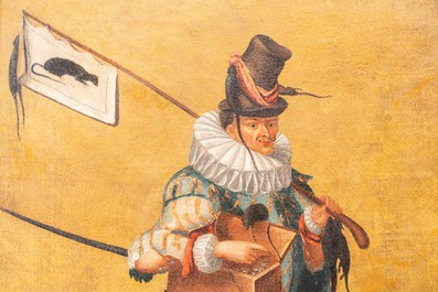 Franse school, navolger van Abraham Bosse (1602-1676): 'De rattenvanger', olie op doek in lijst uit de tijd, 17/18e eeuw
