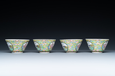Four Chinese famille rose green-ground cups and saucers, 18/19th C.