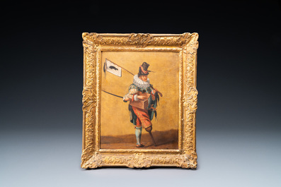 Franse school, navolger van Abraham Bosse (1602-1676): 'De rattenvanger', olie op doek in lijst uit de tijd, 17/18e eeuw
