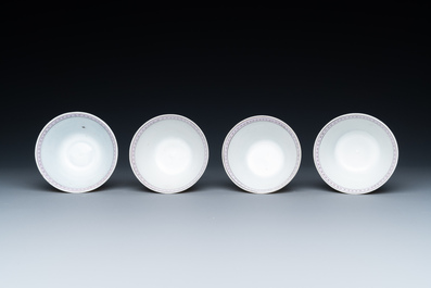 Four Chinese famille rose green-ground cups and saucers, 18/19th C.
