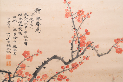 Wu Hufan (1894-1968): 'Vogels bij bloesemtakken', inkt en kleur op papier, gedat. juni 1937