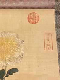 Ecole chinoise, d'apr&egrave;s et avec la signature de Jiang Tingxi (1669 - 1732): 'Composition florale', encre et couleurs sur soie