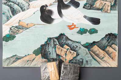 Sun Yunsheng (1918-2000): &lsquo;Pigeons de paix&rsquo;, encre et couleurs sur papier