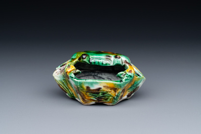 A Chinese crab-shaped sancai-glazed 'egg and spinach' brush washer, Kangxi