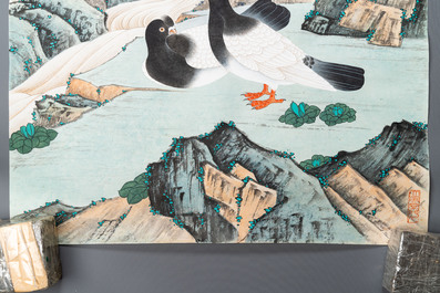 Sun Yunsheng (1918-2000): &lsquo;Pigeons de paix&rsquo;, encre et couleurs sur papier