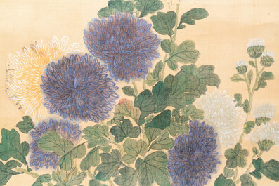 Ecole chinoise, d'apr&egrave;s et avec la signature de Jiang Tingxi (1669 - 1732): 'Composition florale', encre et couleurs sur soie
