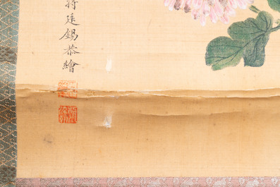 Ecole chinoise, d'apr&egrave;s et avec la signature de Jiang Tingxi (1669 - 1732): 'Composition florale', encre et couleurs sur soie