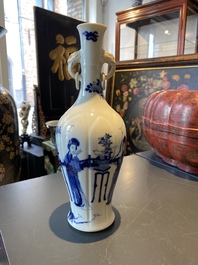 A Chinese blue and white vase with elephant head handles, Kangxi