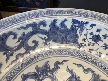 An impressive large Chinese blue and white 'dragon' dish, Ming, 2nd half 15th C.