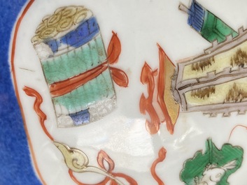 A Chinese famille verte powder blue vase and a dish, Kangxi