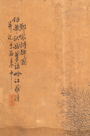 Luo Qing (1821-1899): vier scrolls met figuren in landschappen, inkt en kleur op papier