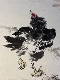 Wang Xuetao (1903-1982): 'Des coqs aupr&egrave;s d'un arbuste de pivoines', encre et couleurs sur papier
